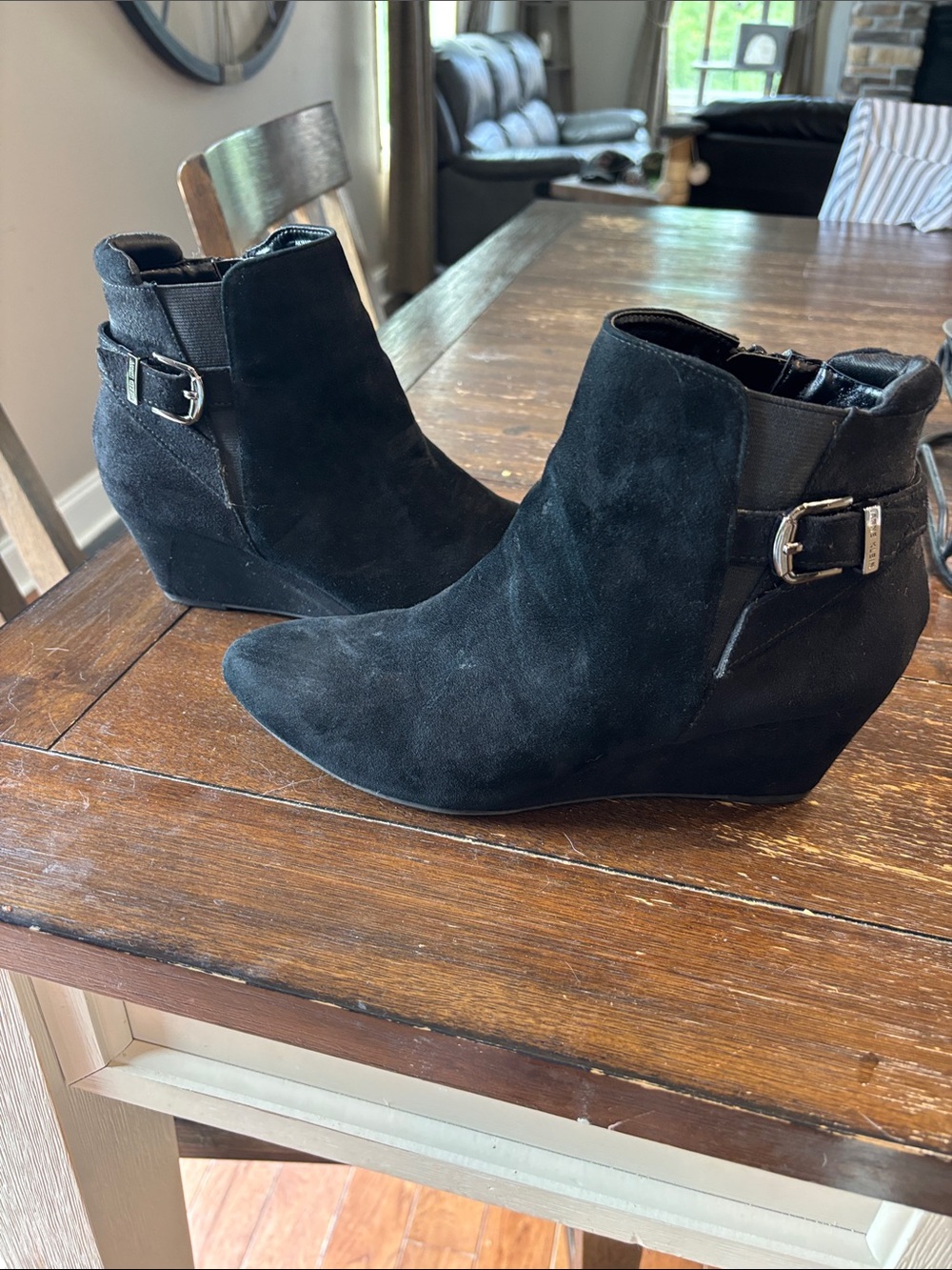 Ann Klein Black Suede Wedge Ankle Boot